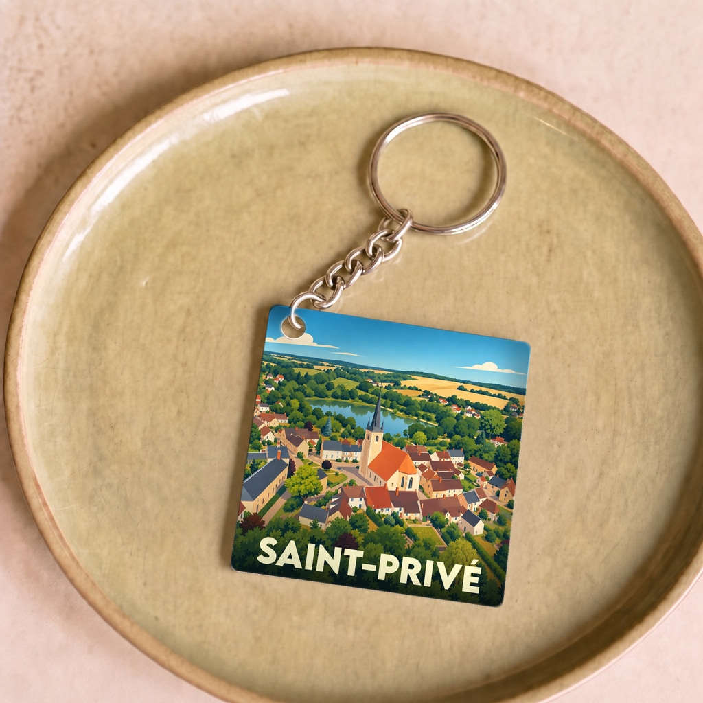 Porte-clés souvenir de la ville de Saint-Privé avec une illustration stylisée du village et de son église.
