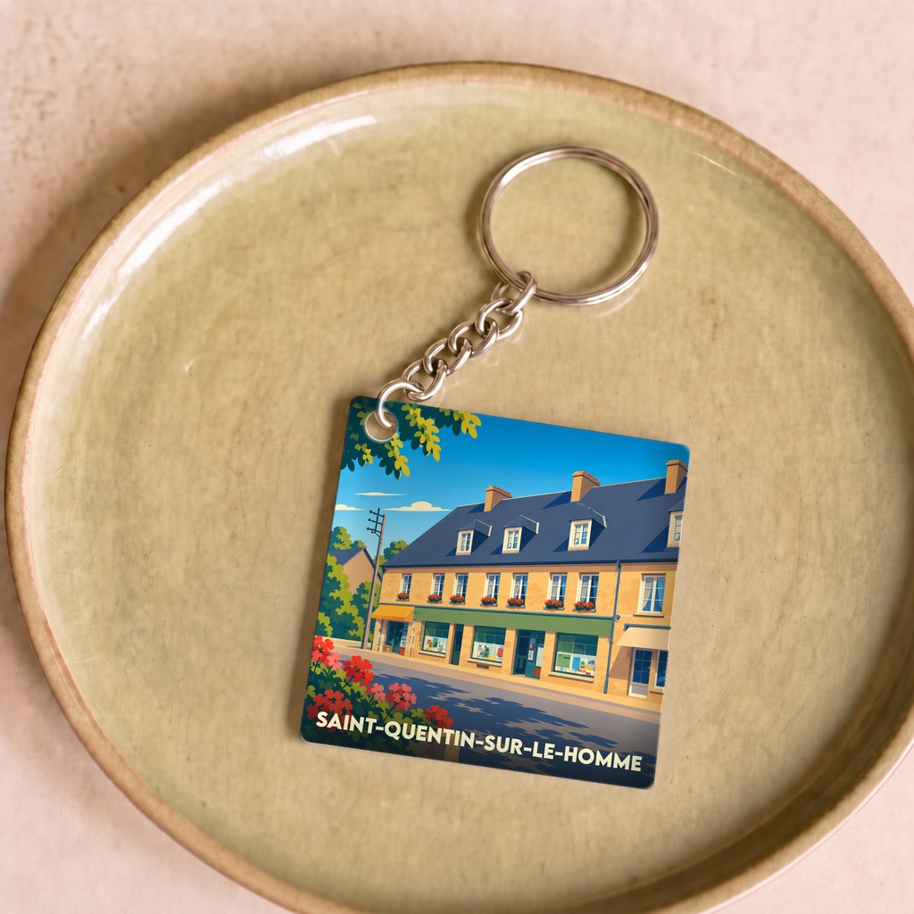 Porte-clés souvenir de la ville de Saint-Quentin-sur-le-Homme avec une illustration stylisée.