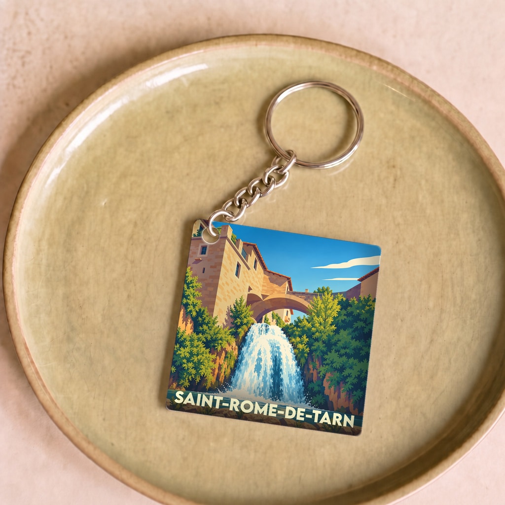 Porte-clés souvenir de la ville de Saint-Rome-de-Tarn avec une illustration stylisée de sa cascade.