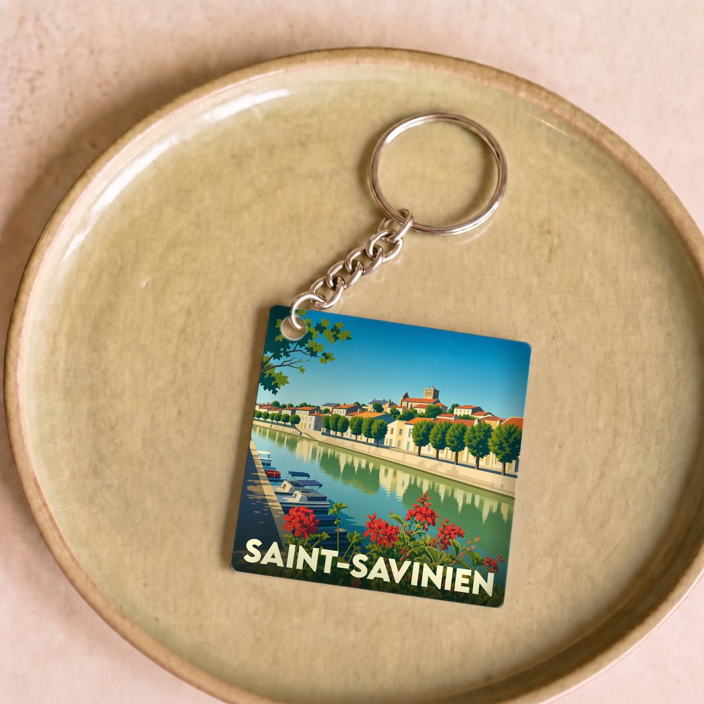 Porte-clés souvenir de la ville de Saint-Savinien avec une illustration stylisée des bords de Charente.