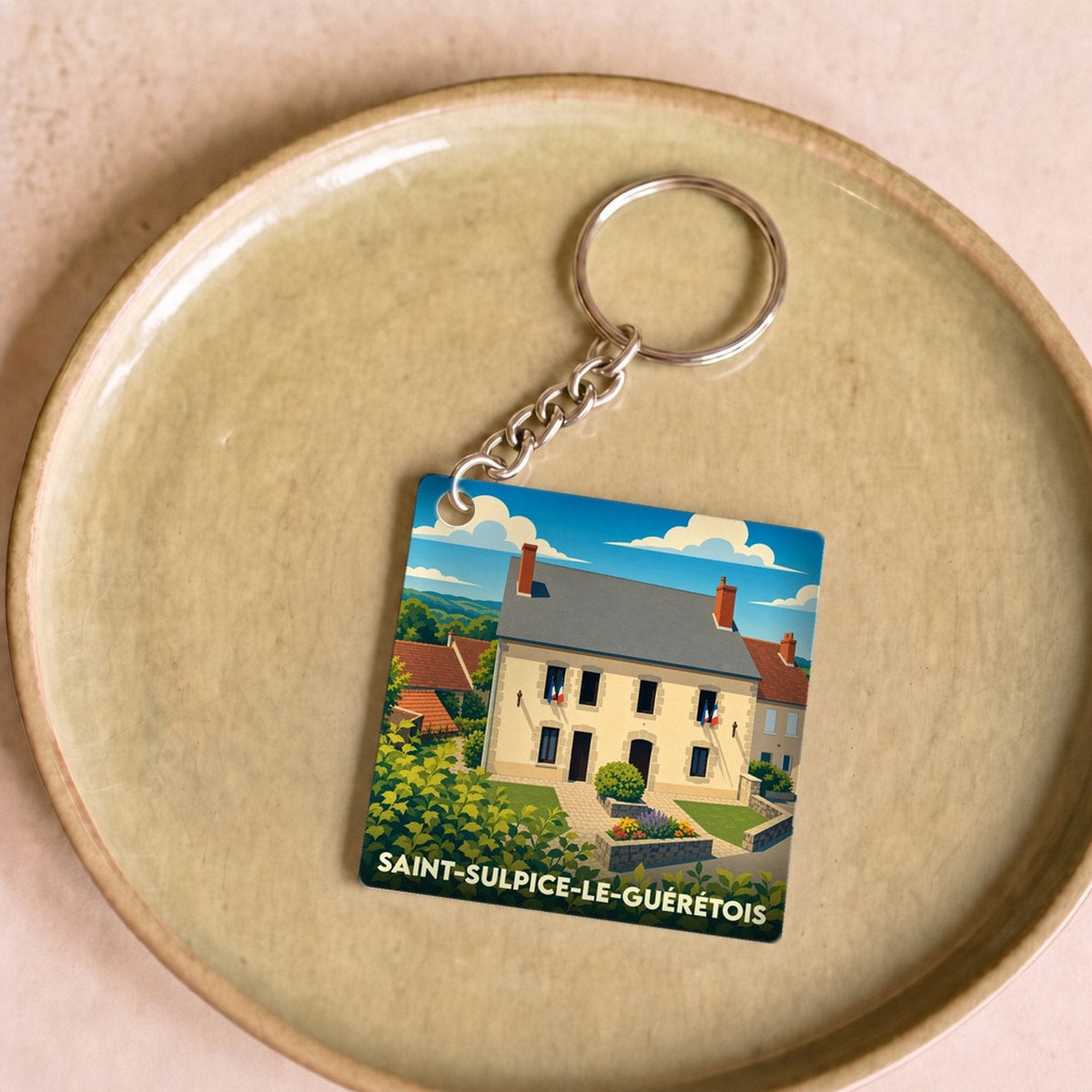 Porte-clés souvenir de la ville de Saint-Sulpice-le-Guérétois avec une illustration stylisée de la mairie.