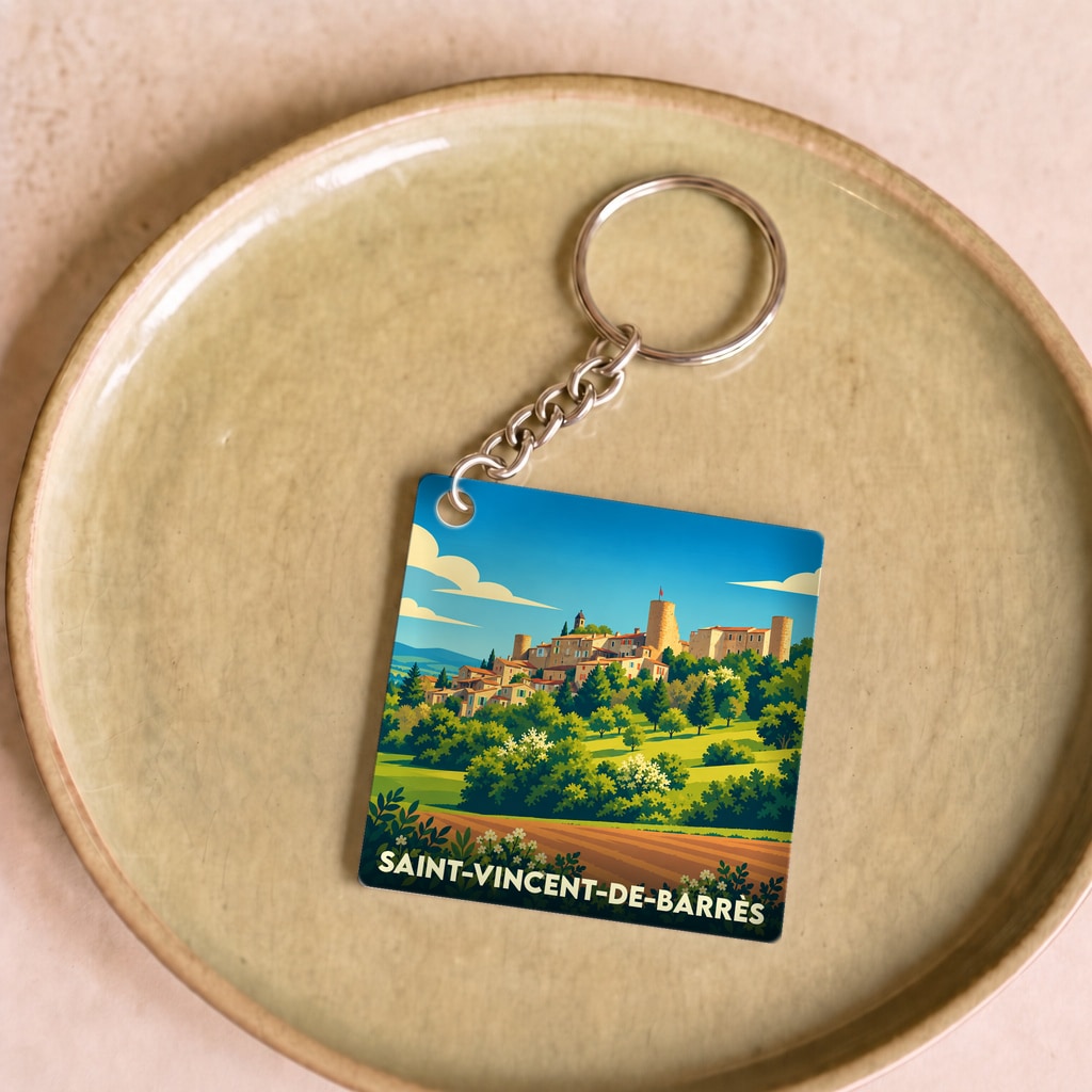 Porte-clés souvenir de la ville de Saint-Vincent-de-Barrès avec une illustration stylisée d'un village médiéval perché.