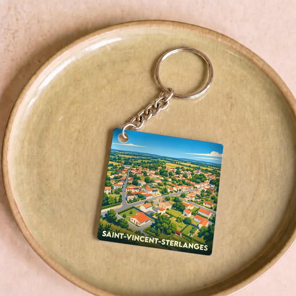 Porte-clés souvenir de la ville de Saint-Vincent-Sterlanges avec une illustration aérienne colorée et stylisée.