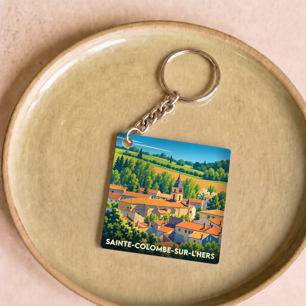 Porte-clés souvenir de la ville de Sainte-Colombe-sur-l'Hers avec une illustration stylisée.