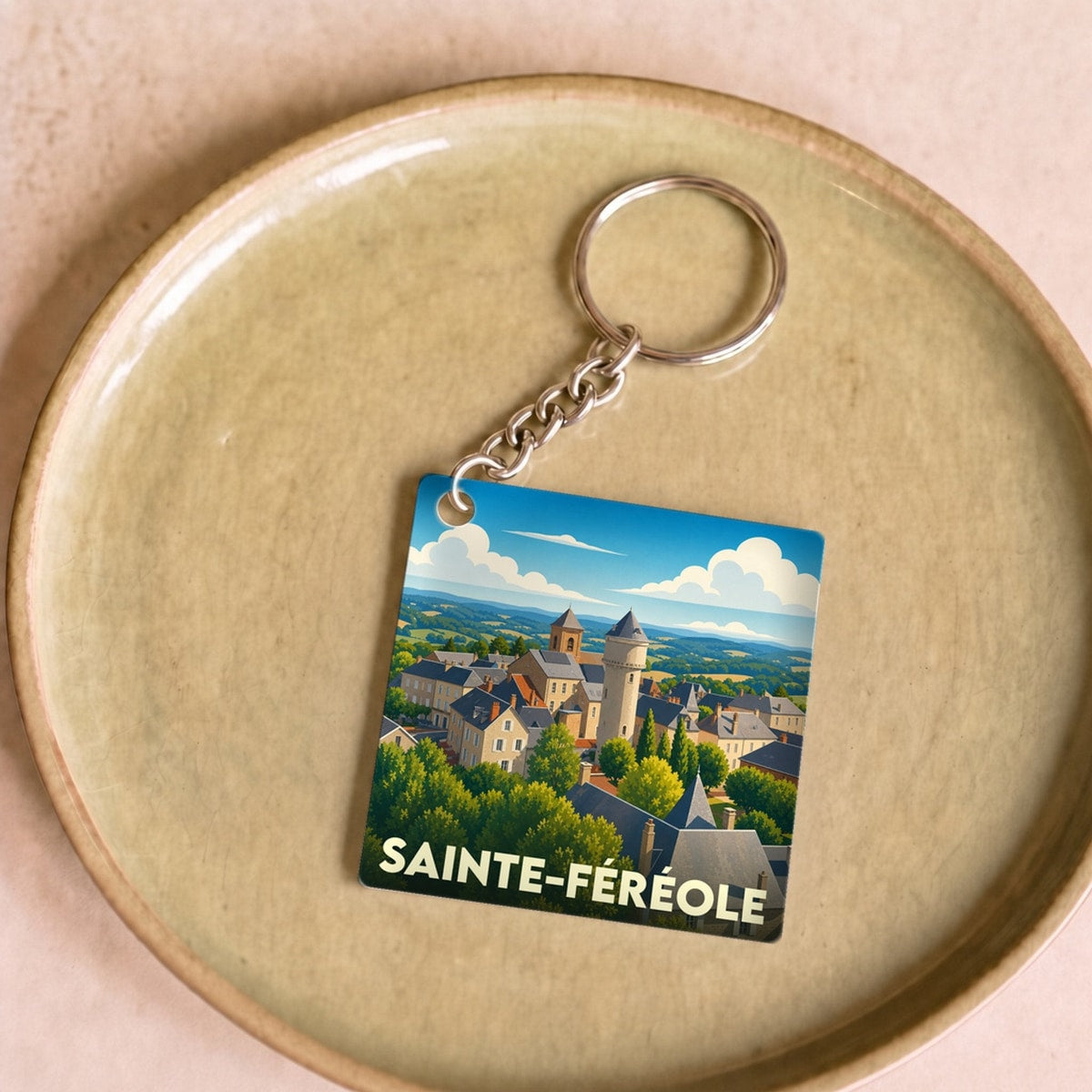 Porte-clés souvenir de la ville de Sainte-Féréole avec une illustration stylisée d'un village pittoresque.