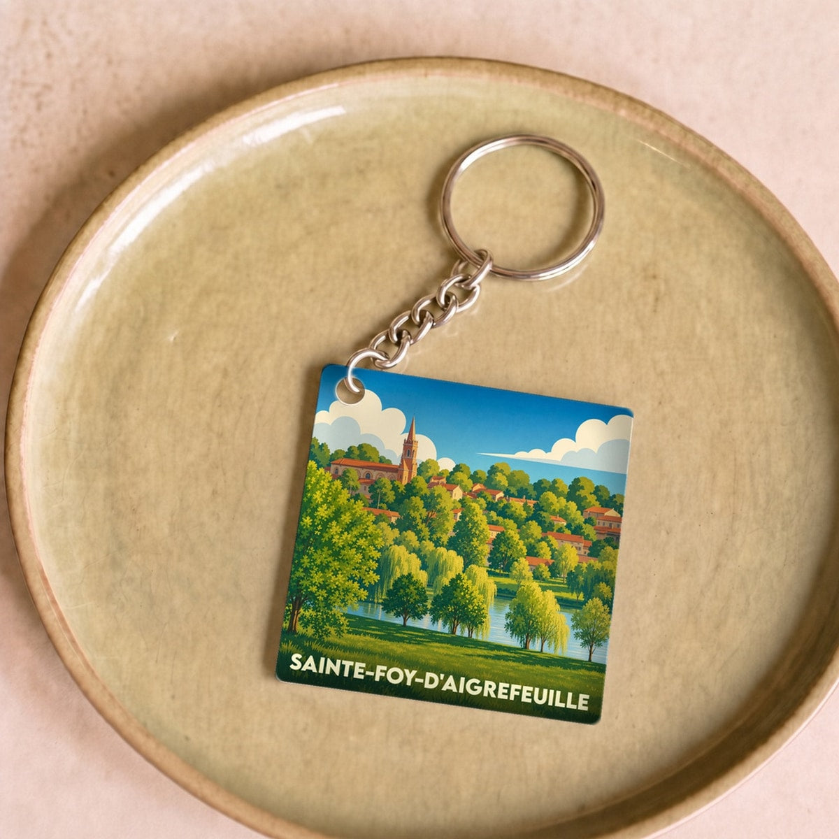 Porte-clés souvenir de la ville de Sainte-Foy-d'Aigrefeuille avec une illustration paysagère colorée.