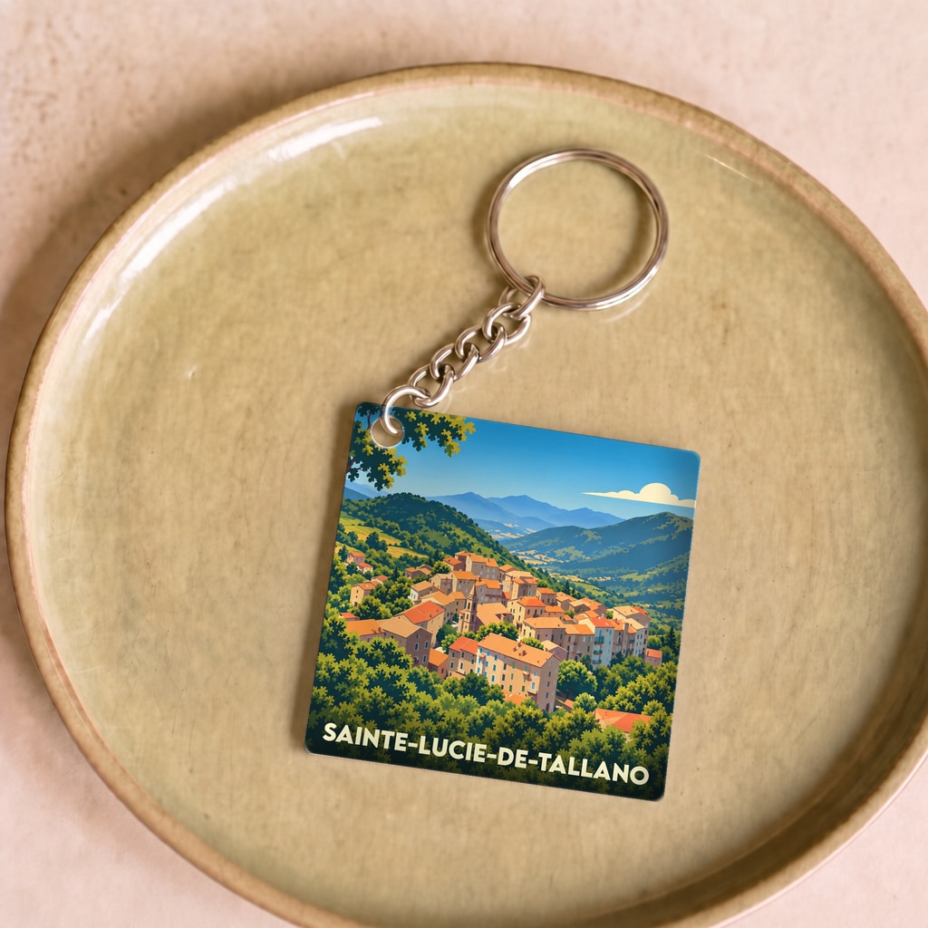 Porte-clés souvenir de la ville de Sainte-Lucie-de-Tallano avec une illustration stylisée.