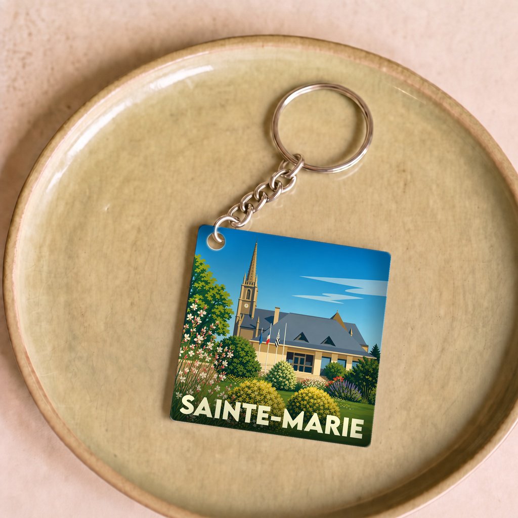 Porte-clés souvenir de la ville de Sainte-Marie avec une illustration stylisée.