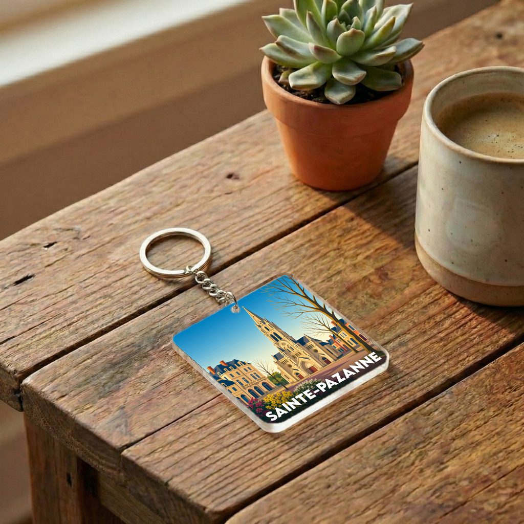Porte-clés souvenir de la ville de Sainte-Pazanne avec une illustration stylisée d'une église.