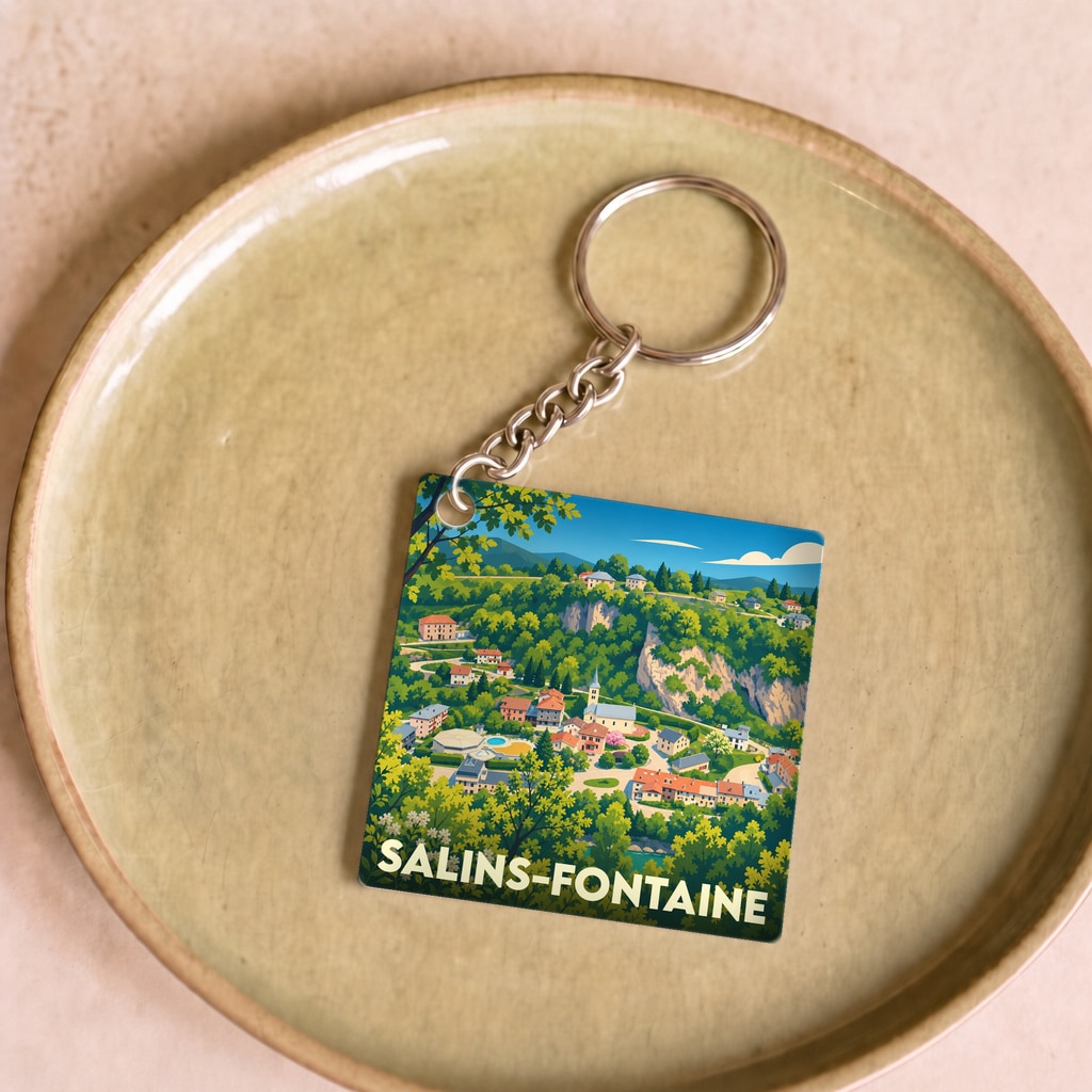 Porte-clés souvenir de la ville de Salins-Fontaine avec une illustration stylisée.