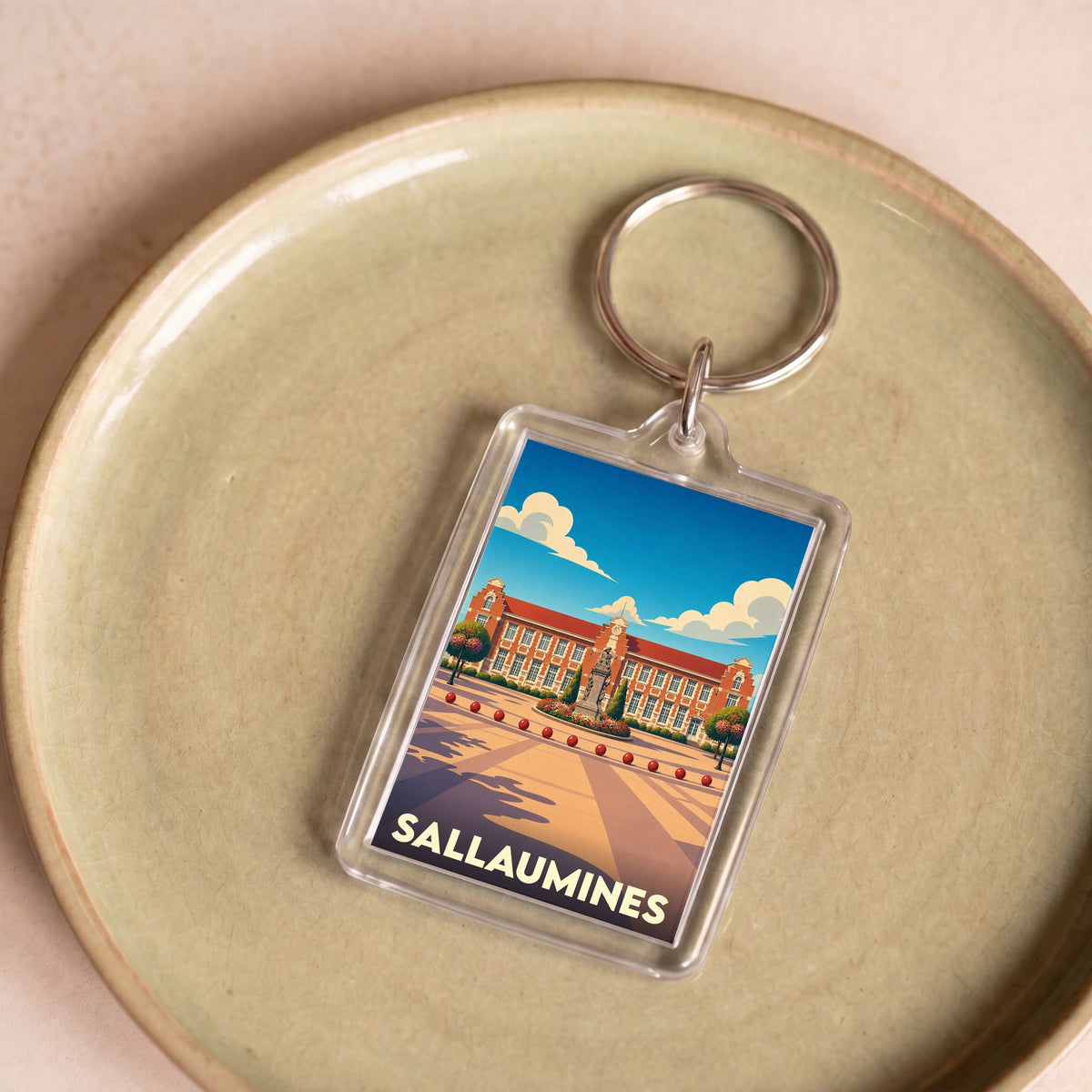 Porte-clés souvenir de la ville de Sallaumines avec une illustration stylisée.