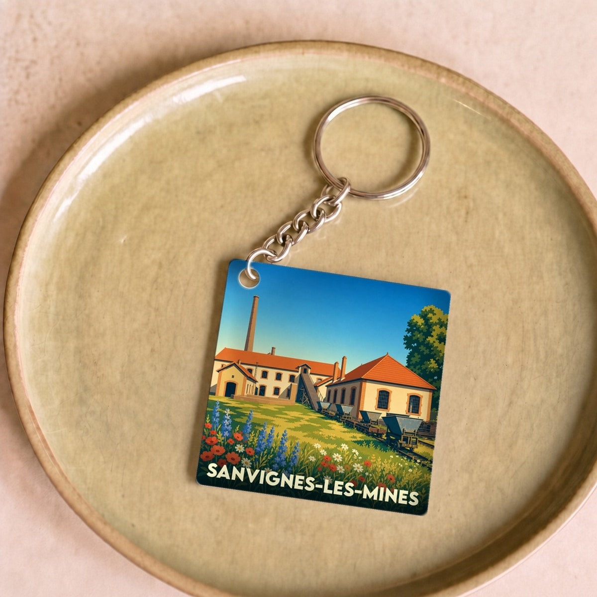 Porte-clés souvenir de la ville de Sanvignes-les-Mines avec une illustration stylisée.