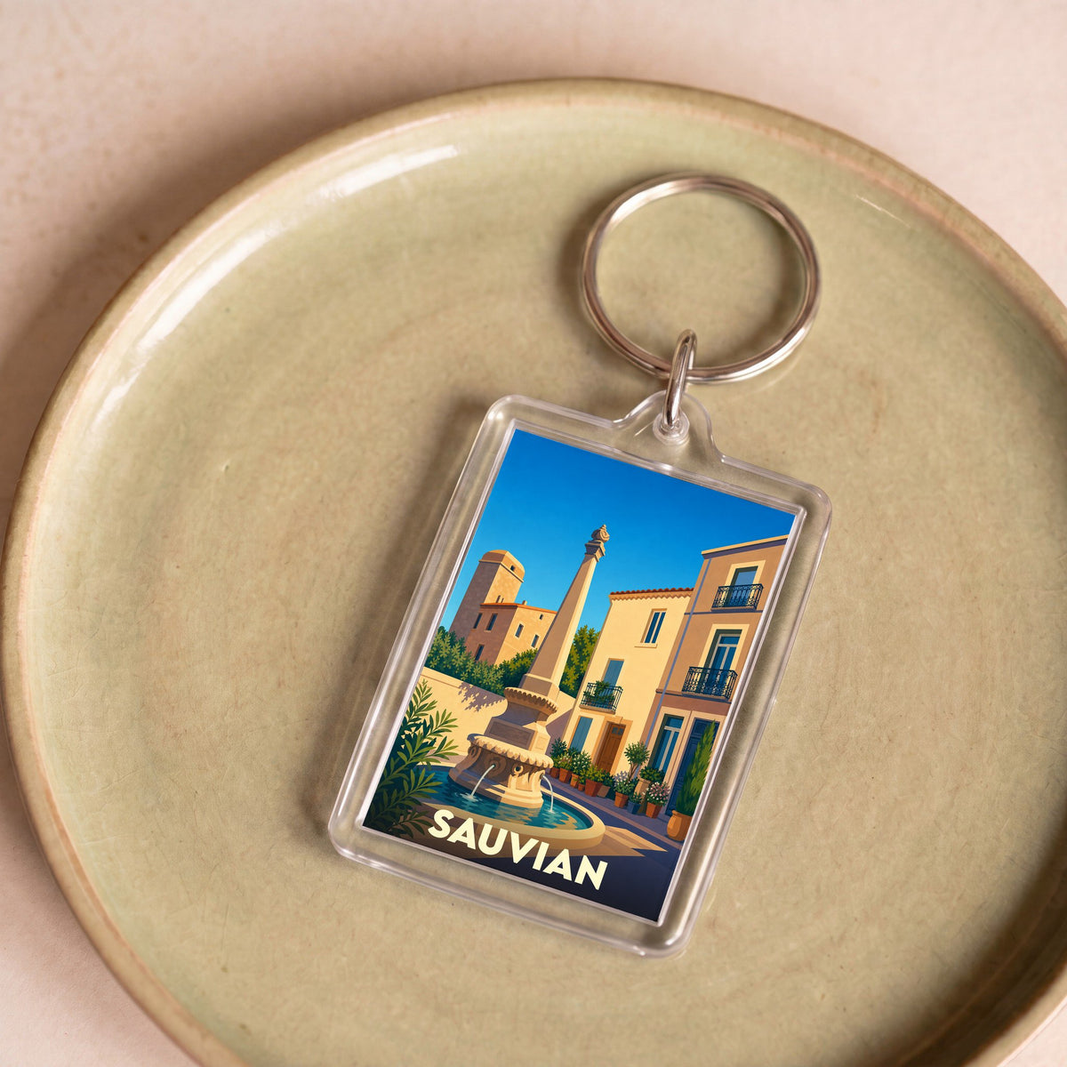 Porte-clés souvenir de la ville de Sauvian avec une illustration stylisée d'une fontaine provençale.