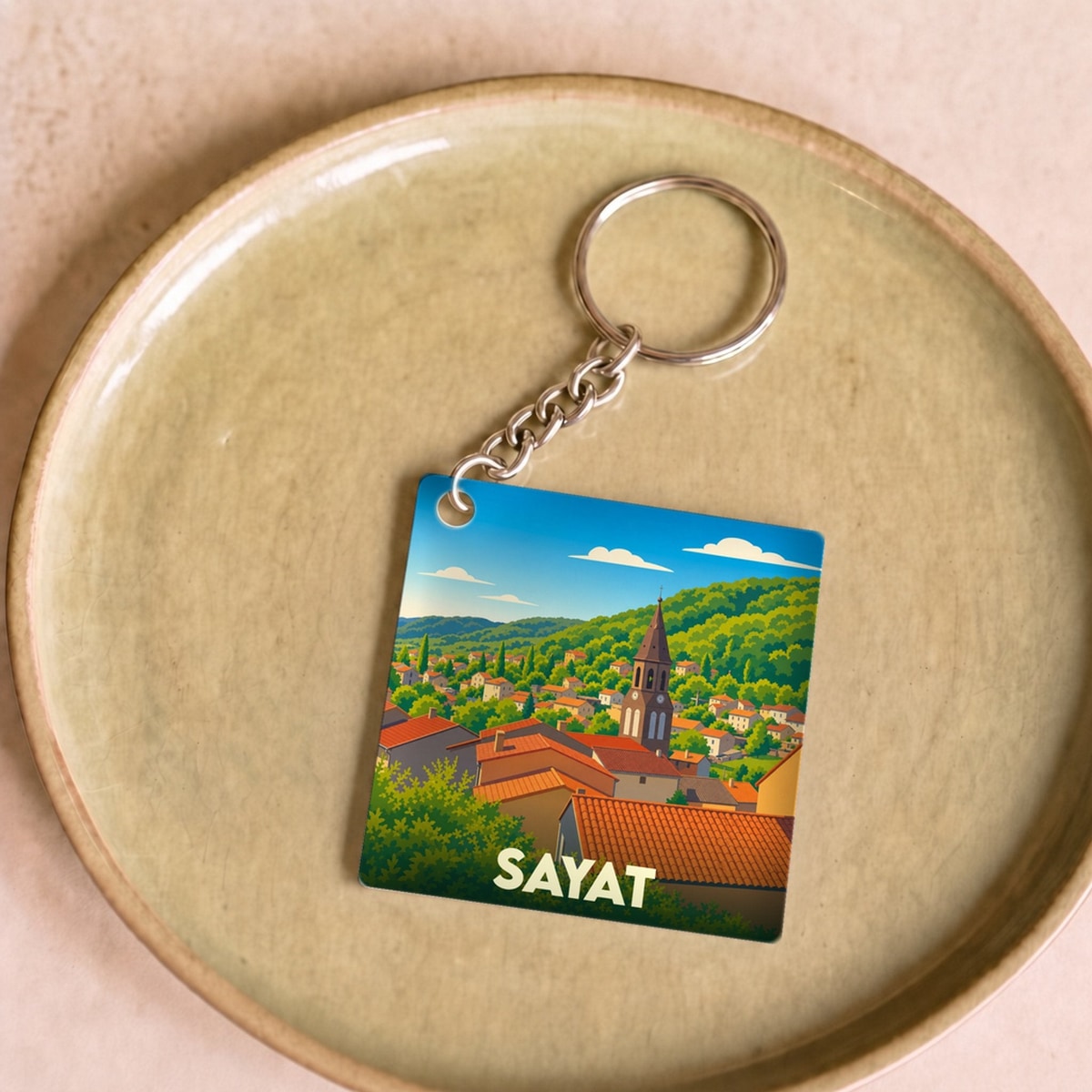 Porte-clés souvenir de la ville de Sayat avec une illustration stylisée de ses toits et de son clocher.