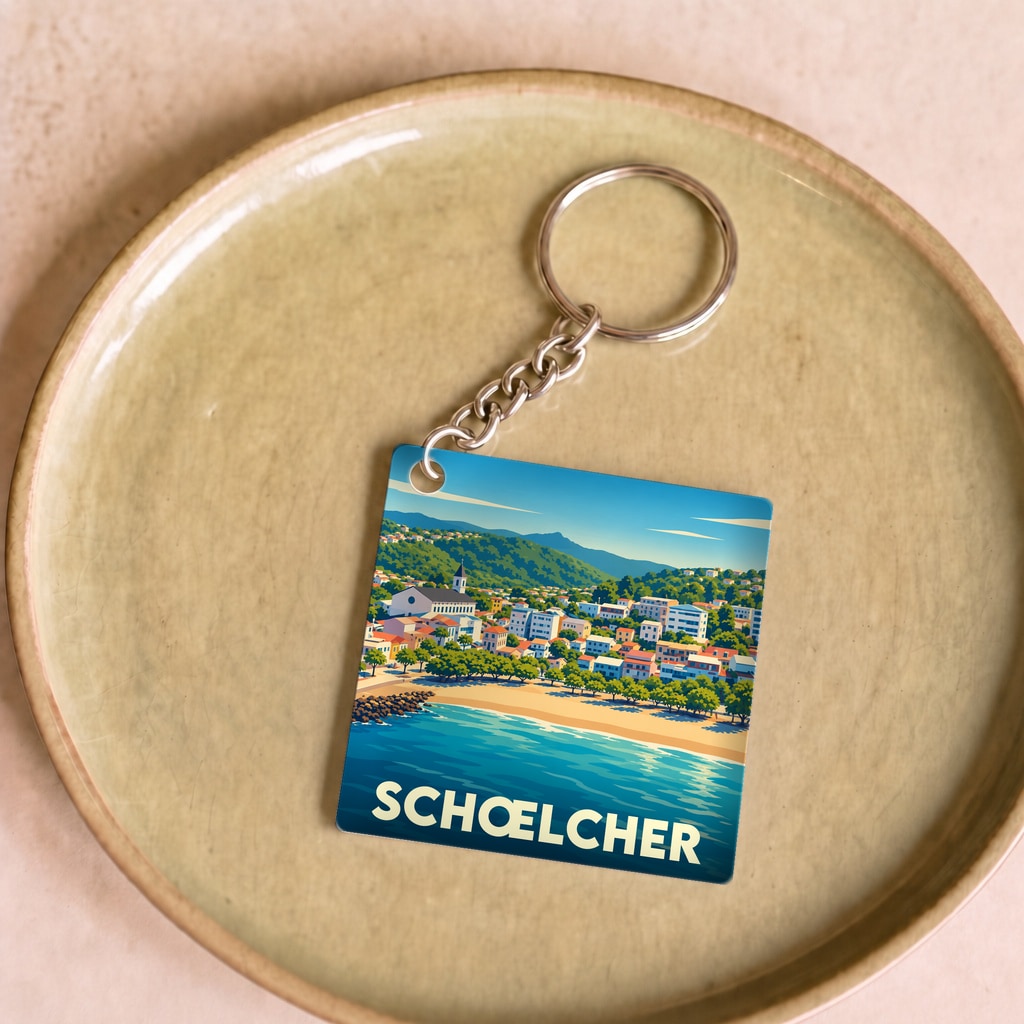 Porte-clés souvenir de la ville de Schœlcher avec une illustration stylisée du bord de mer.