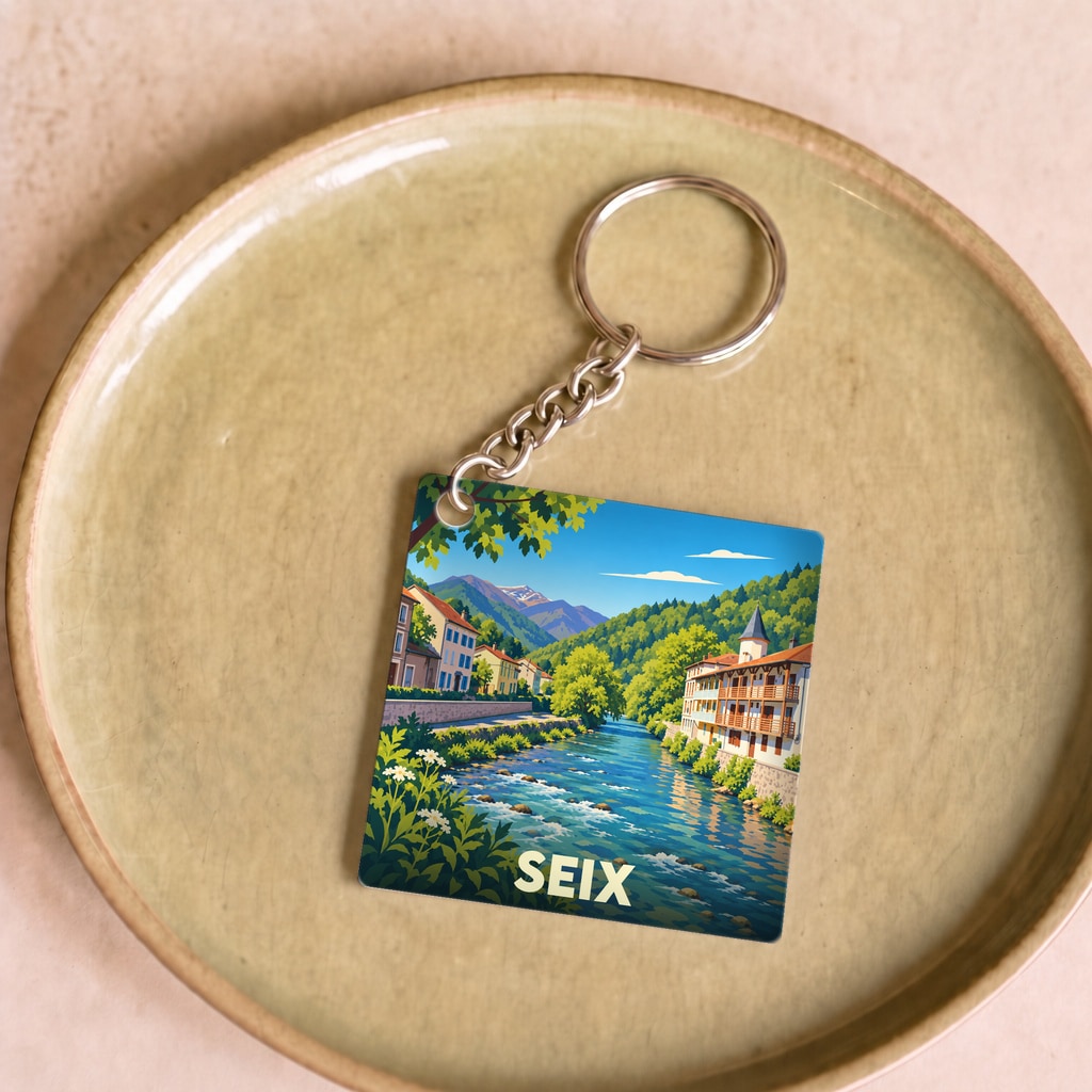 Porte-clés souvenir de la ville de Seix avec une illustration stylisée d'un paysage montagneux et d'une rivière.