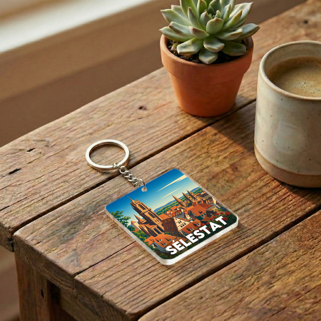 Porte-clés souvenir de la ville de Sélestat avec une illustration stylisée.