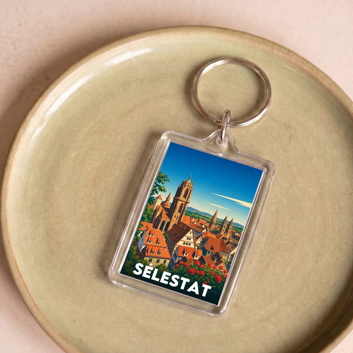 Porte-clés souvenir de la ville de Sélestat avec une illustration stylisée.