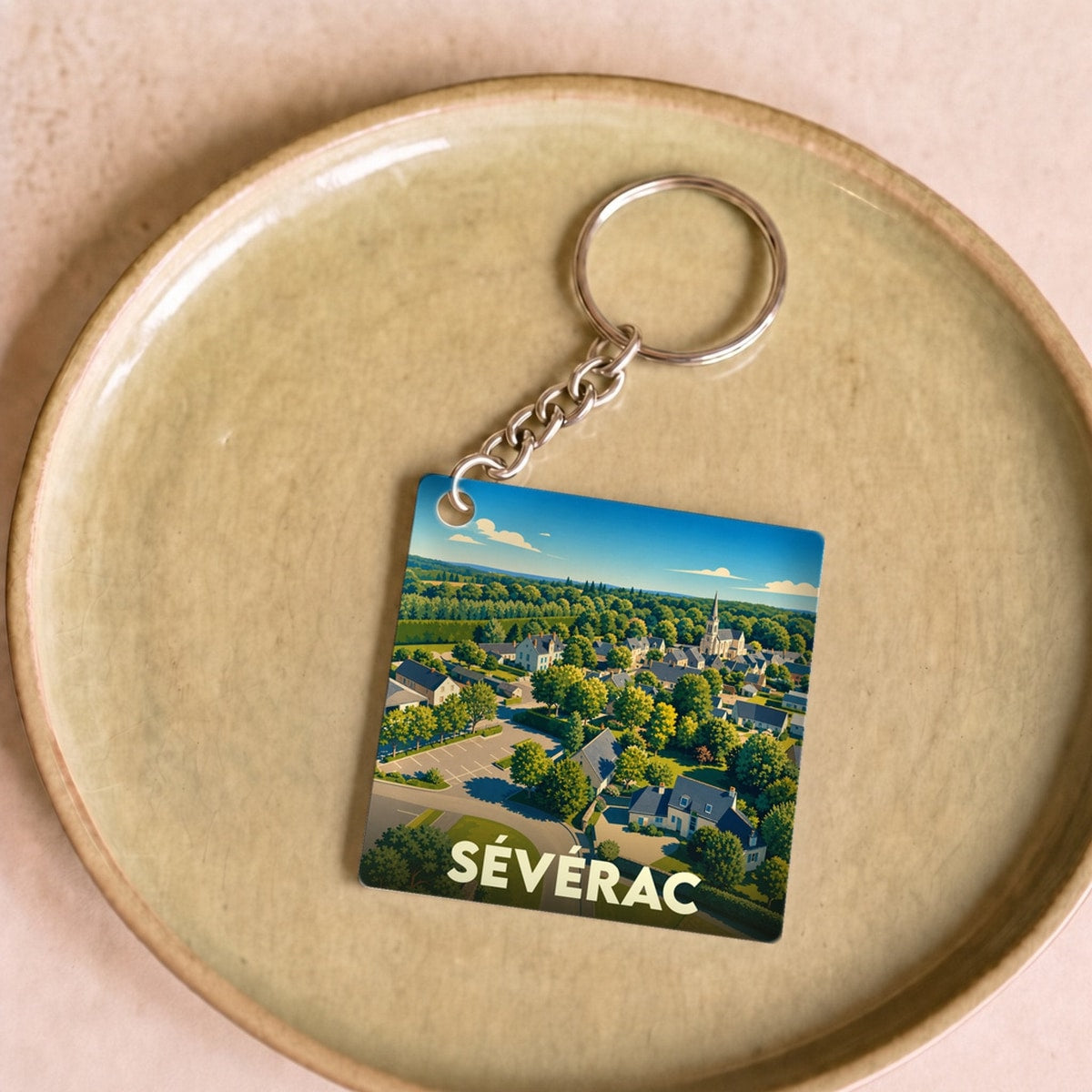 Porte-clés souvenir de la ville de Sévérac avec une illustration aérienne colorée.