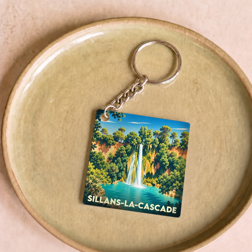 Porte-clés souvenir de Sillans-la-Cascade orné d'une illustration stylisée de sa célèbre cascade.