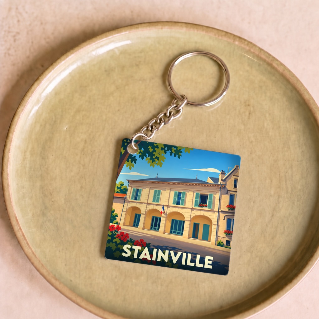 Porte-clés souvenir de la ville de Stainville avec une illustration stylisée.