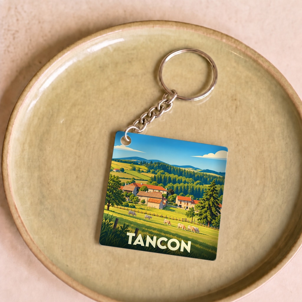 Porte-clés souvenir de la ville de Tancon avec une illustration stylisée d'un paysage rural.