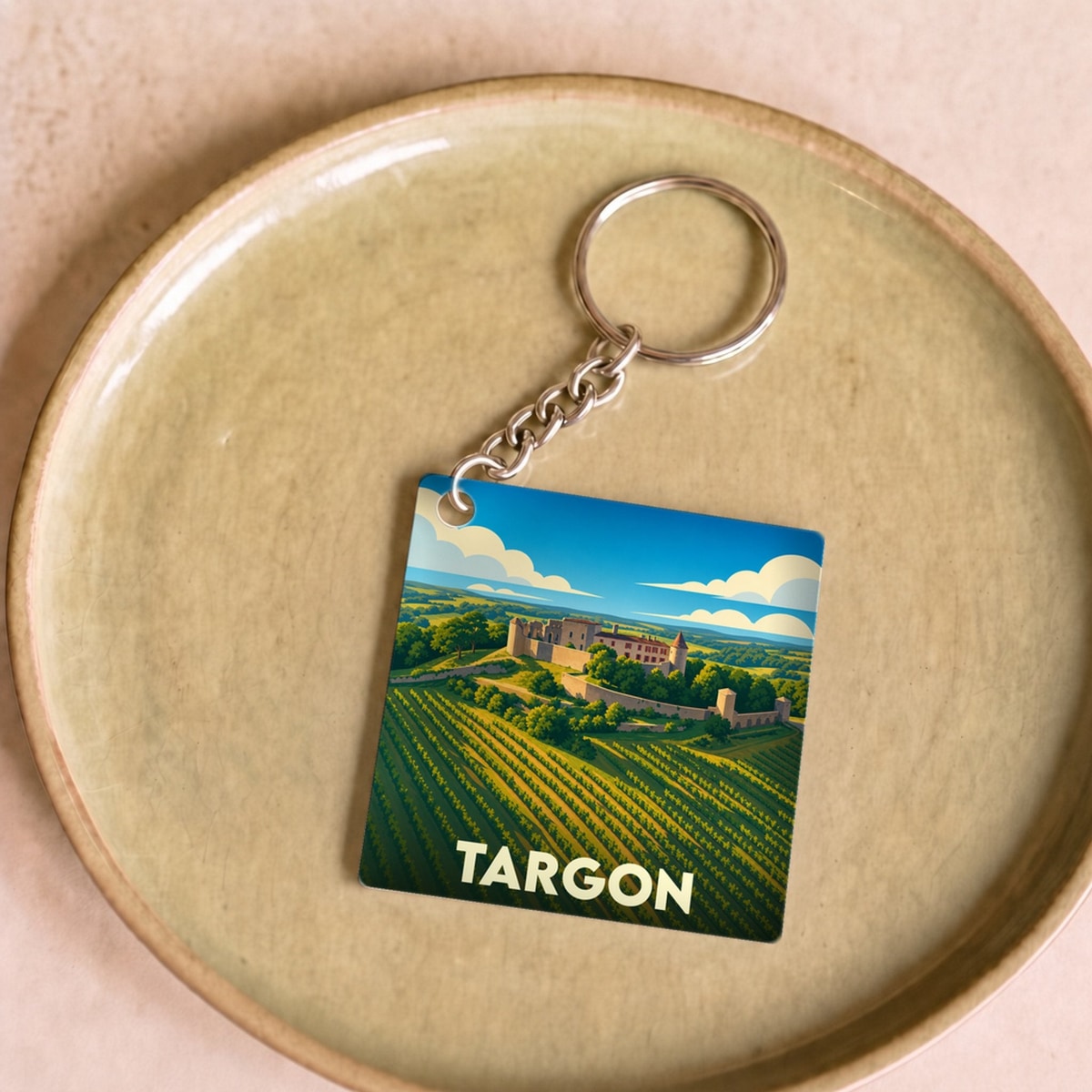 Porte-clés souvenir de la ville de Targon avec une illustration stylisée d'un paysage de vignobles et de château.