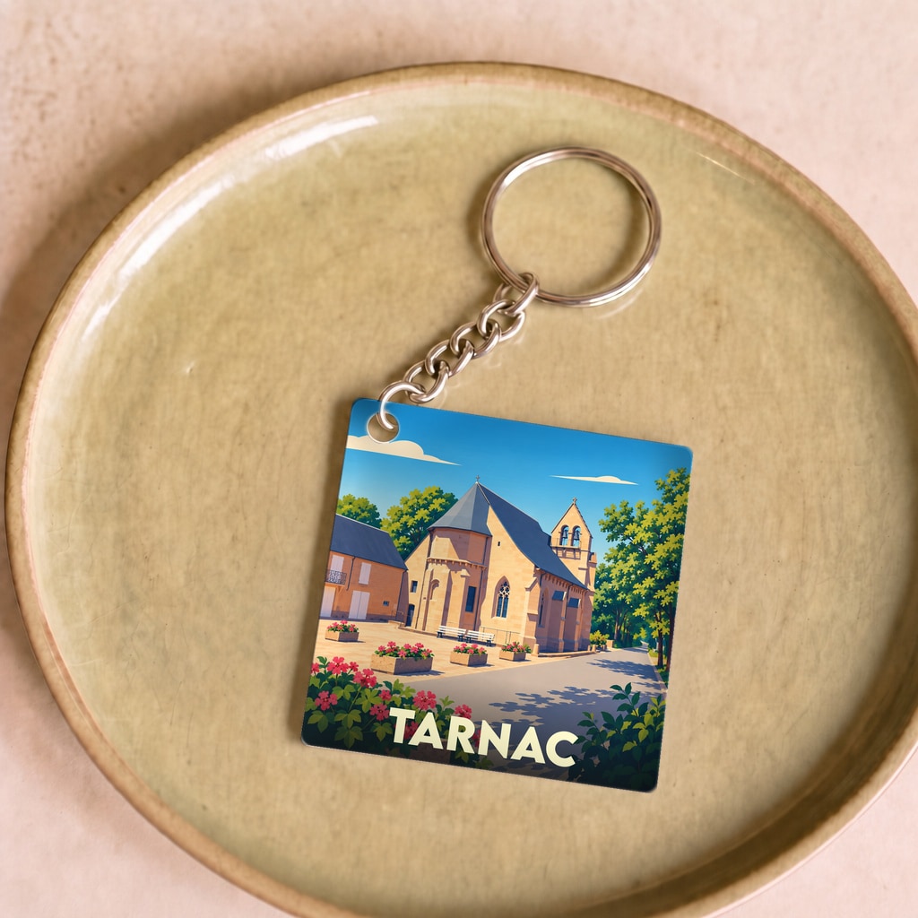 Porte-clés souvenir de la ville de Tarnac avec une illustration stylisée de son église.