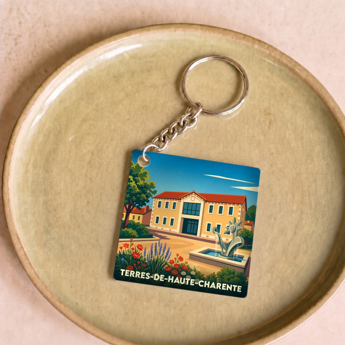 Porte-clés souvenir de la ville de Terres-de-Haute-Charente avec une illustration stylisée.