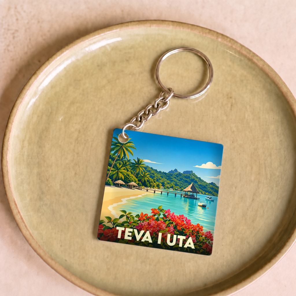Porte-clés souvenir de la commune de Teva I Uta avec une illustration de paysage tropical stylisée.