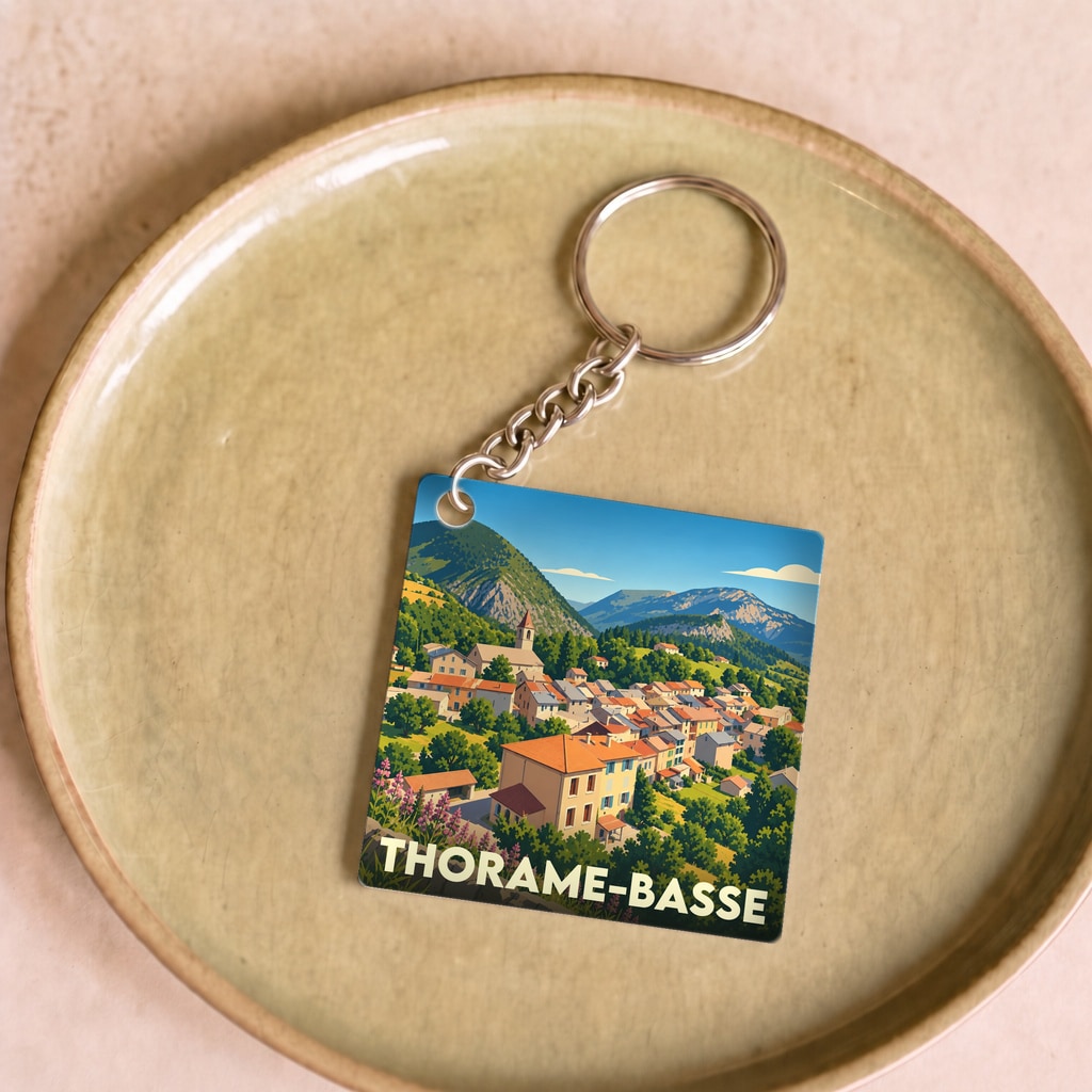 Porte-clés souvenir de la ville de Thorame-Basse avec une illustration stylisée de son paysage montagneux.