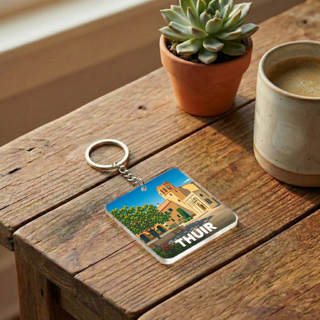 Porte-clés souvenir de la ville de Thuir avec une illustration stylisée.