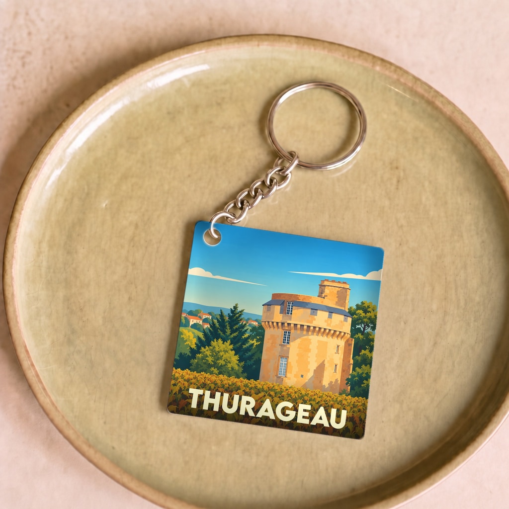 Porte-clés souvenir de la ville de Thurageau avec une illustration stylisée de sa tour médiévale.