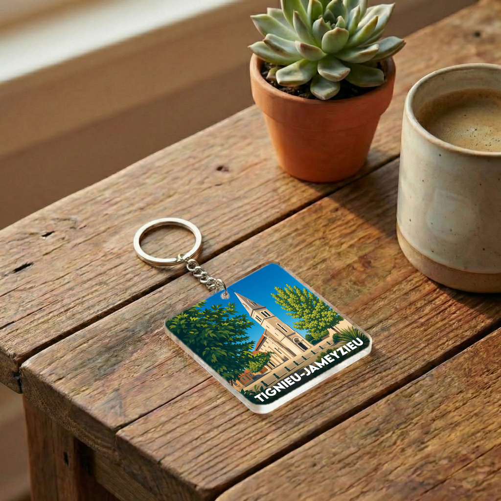 Porte-clés souvenir de la ville de Tignieu-Jameyzieu avec une illustration stylisée.