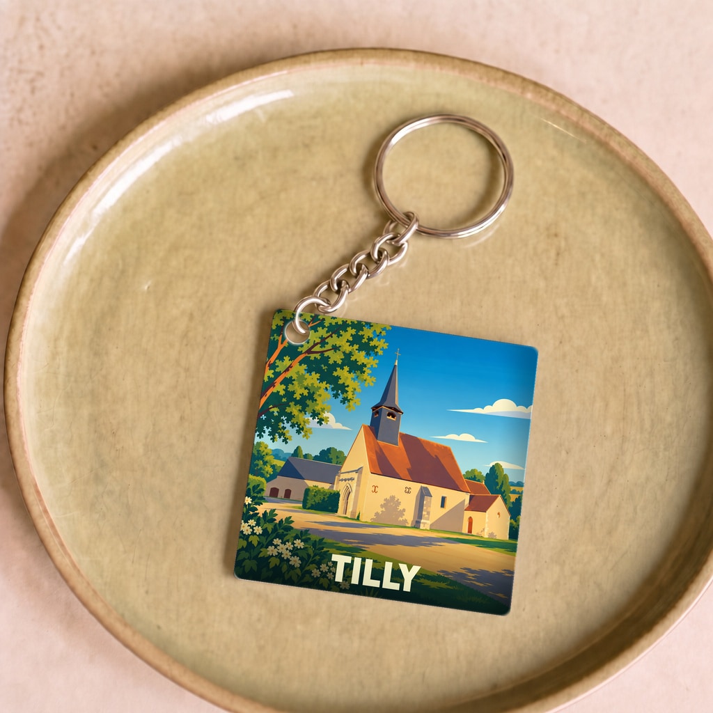 Porte-clés souvenir de la ville de Tilly avec une illustration stylisée de son église sous un ciel bleu.