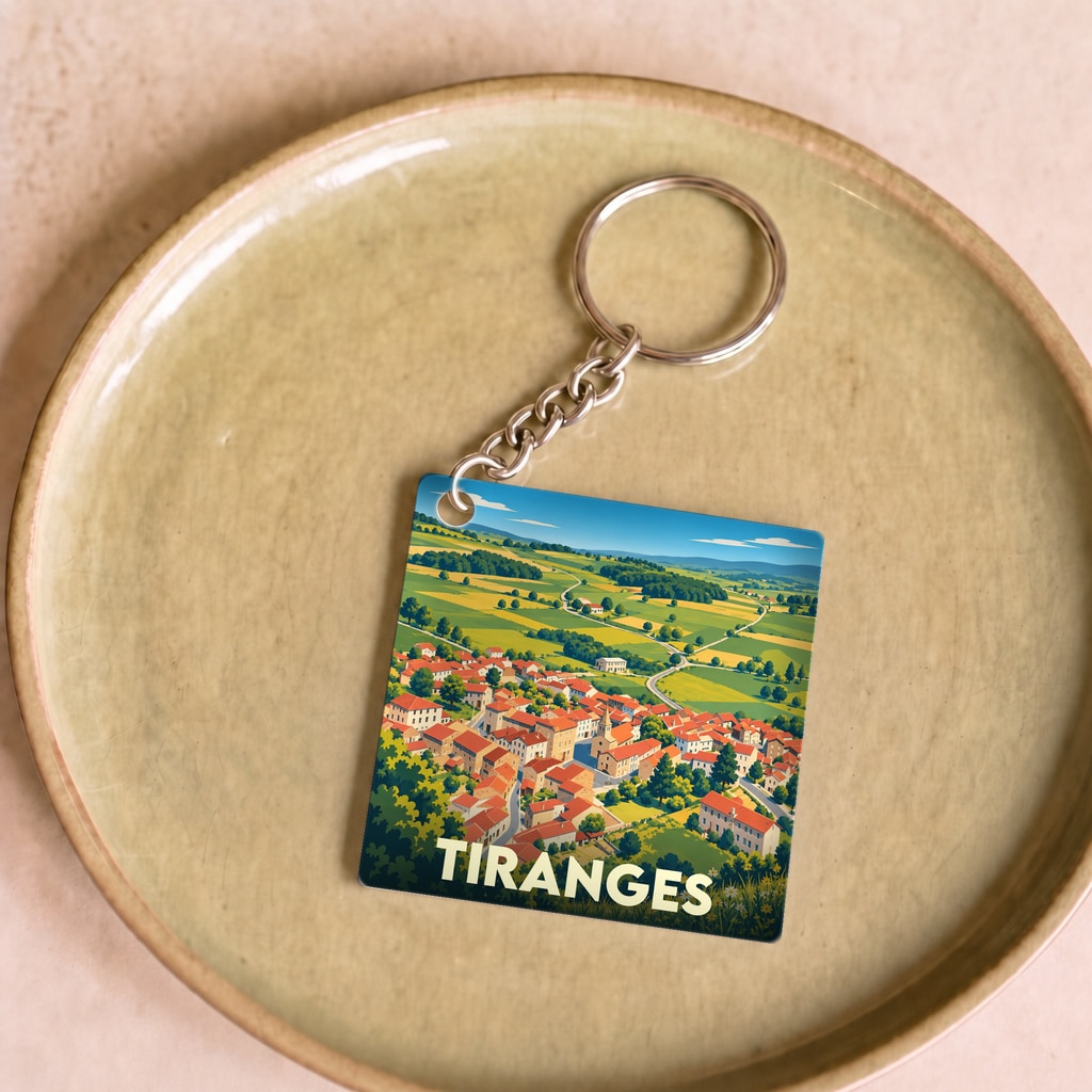 Porte-clés souvenir de la ville de Tiranges avec une illustration stylisée de son paysage.