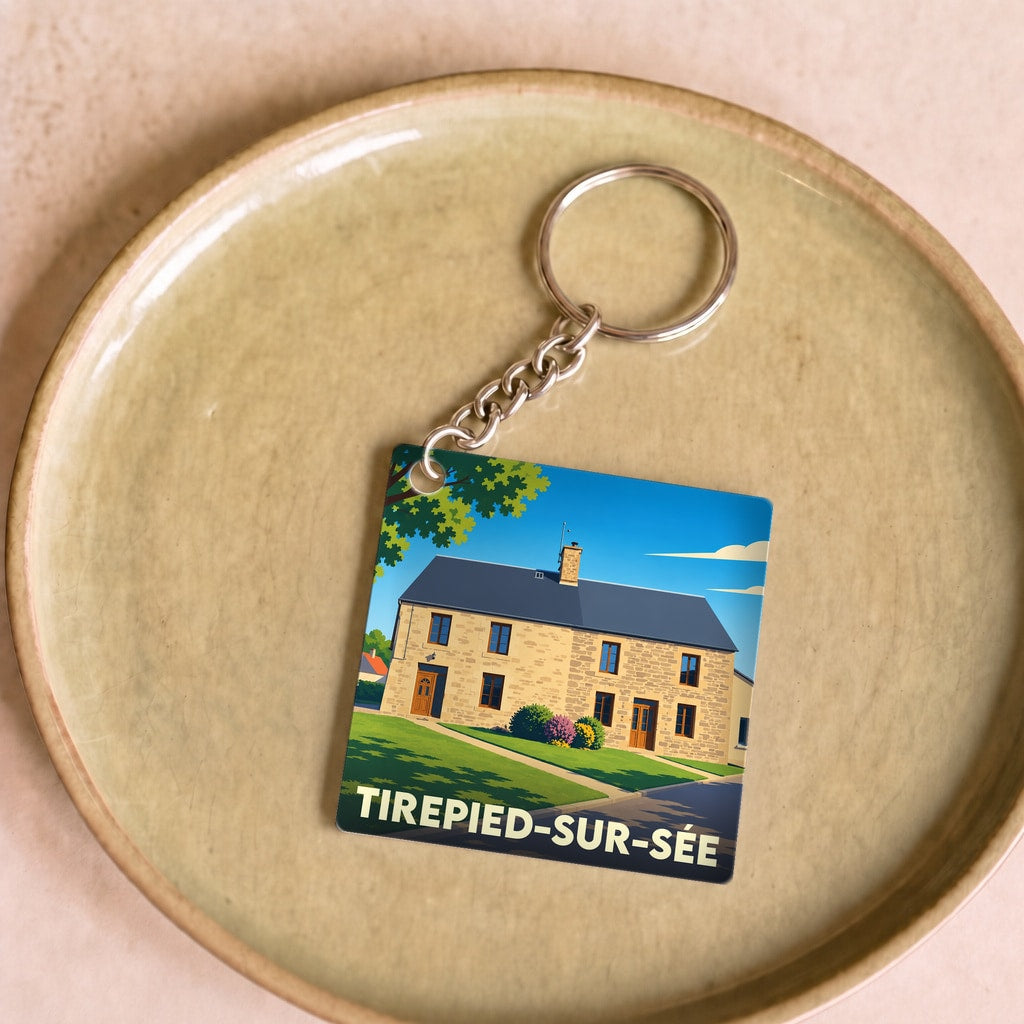 Porte-clés souvenir de la ville de Tirepied-sur-Sée avec une illustration stylisée d'une maison traditionnelle.