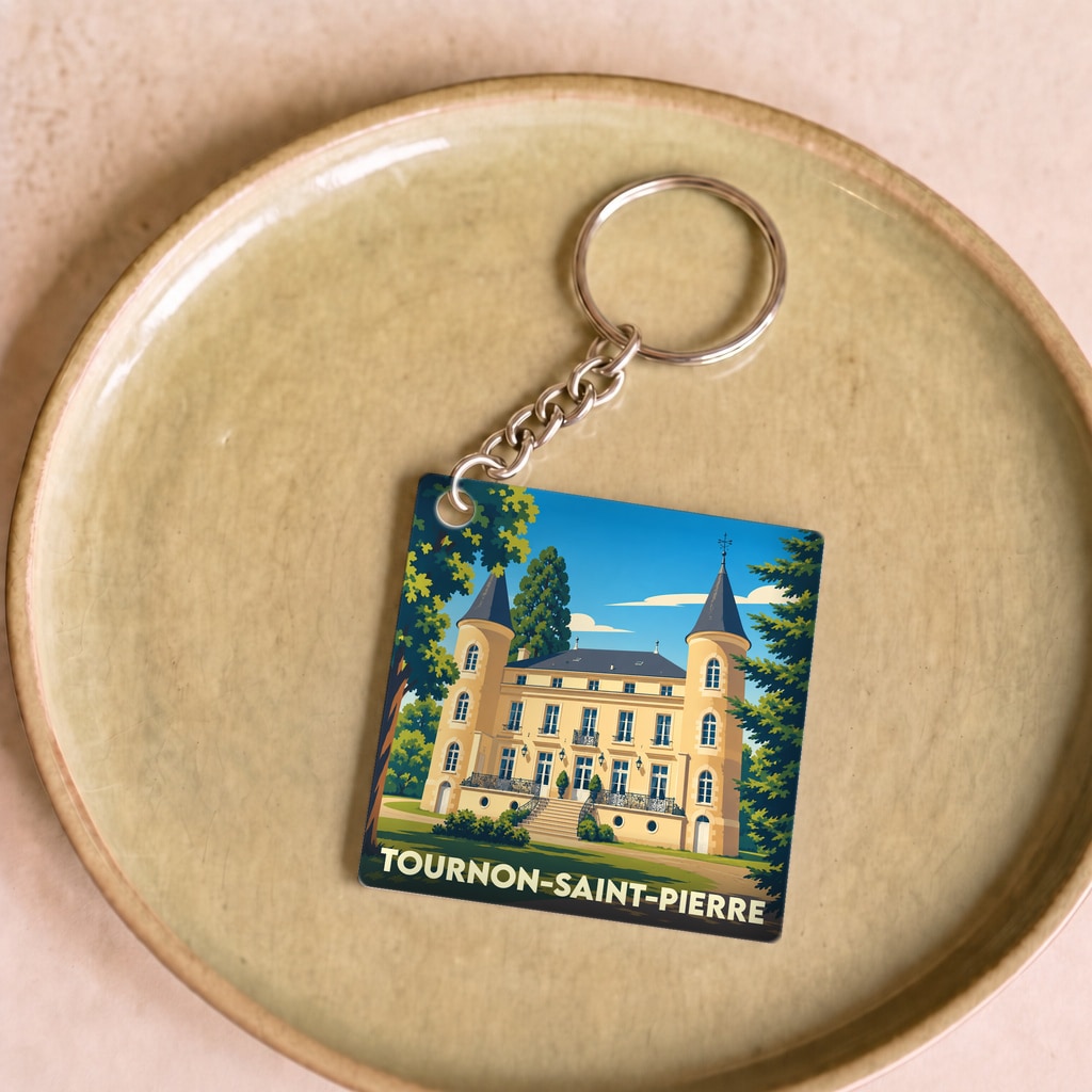 Porte-clés souvenir de la ville de Tournon-Saint-Pierre avec une illustration stylisée d'un château.