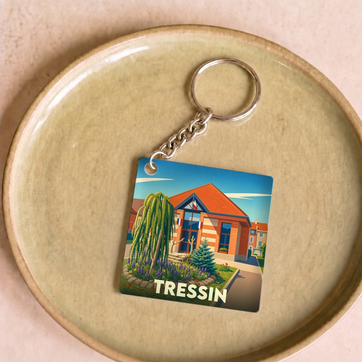 Porte-clés souvenir de la ville de Tressin avec une illustration stylisée.