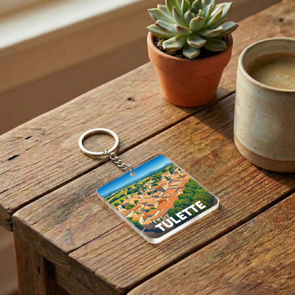 Porte-clés souvenir de la ville de Tulette avec une illustration stylisée.