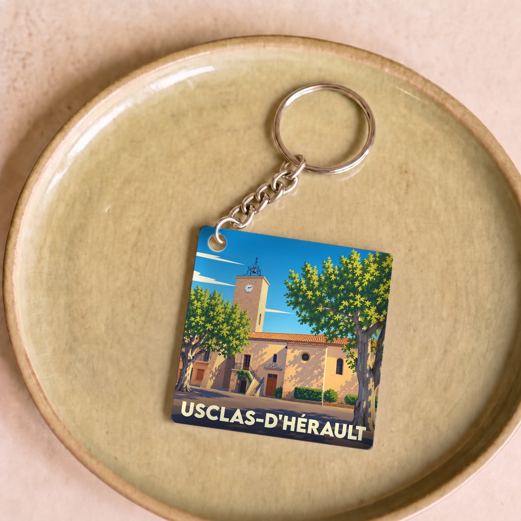 Porte-clés souvenir de la ville de Usclas-d'Hérault avec une illustration stylisée de son église et de sa tour de l'horloge.