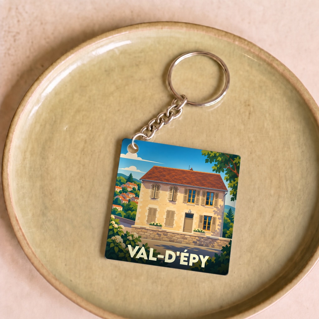 Porte-clés souvenir de Val-d'Épy avec une illustration stylisée d'une maison traditionnelle.