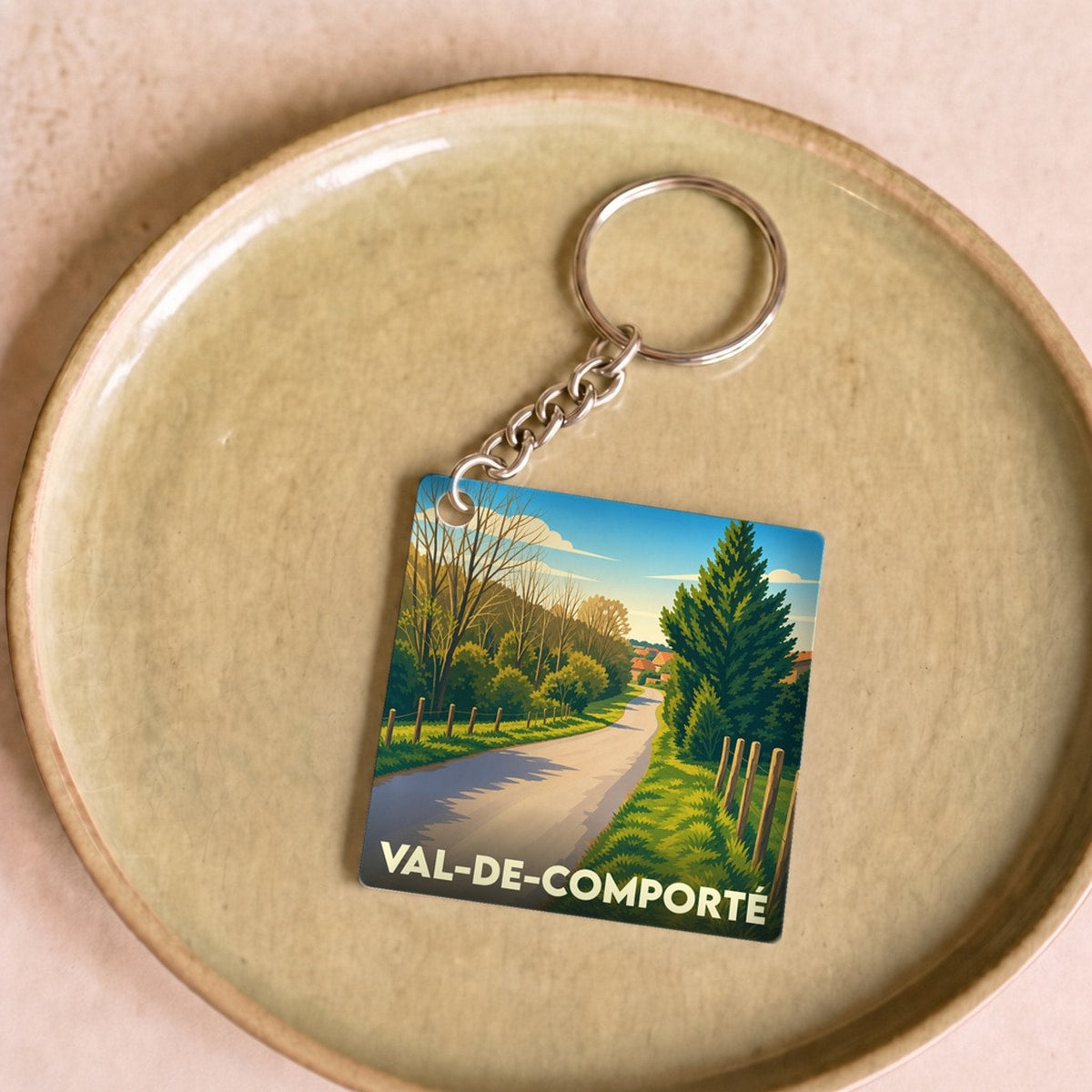 Porte-clés souvenir de Val-de-Comporté avec une illustration stylisée d'un paysage rural.