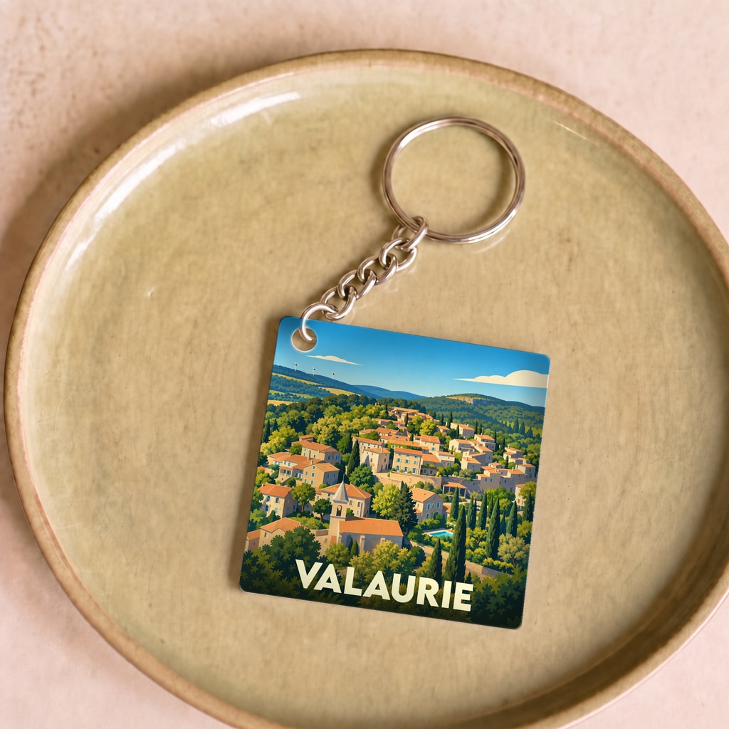 Porte-clés souvenir de la ville de Valaurie avec une illustration stylisée d'un village perché.