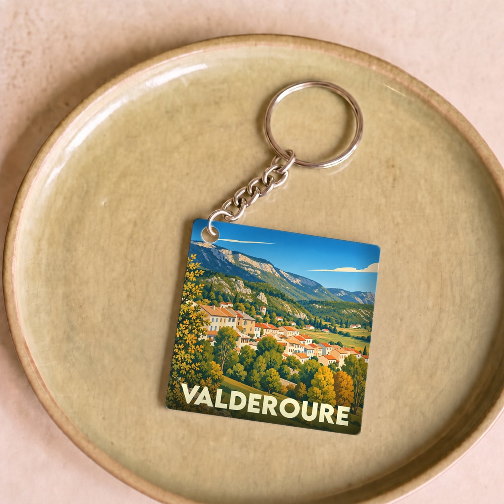 Porte-clés souvenir de la ville de Valderoure avec une illustration stylisée de son paysage montagneux.