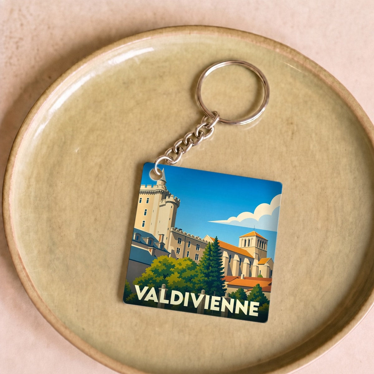 Porte-clés souvenir de la ville de Valdivienne avec une illustration stylisée.