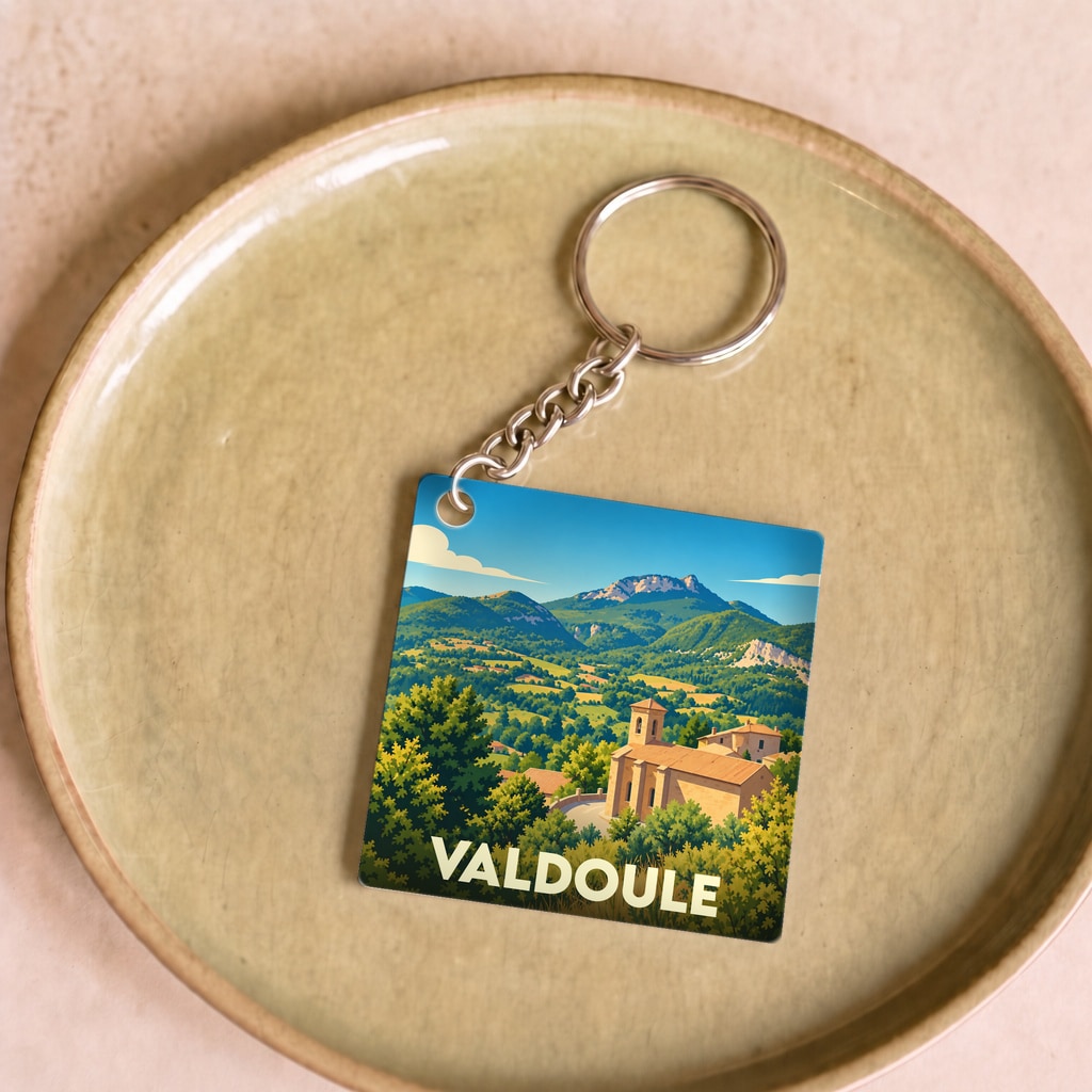 Porte-clés souvenir de la ville de Valdoule avec une illustration de paysage montagneux.