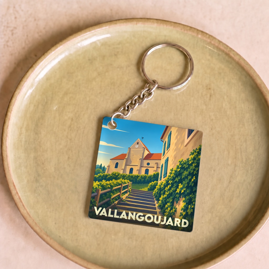 Porte-clés souvenir de la ville de Vallangoujard avec une illustration stylisée d'une église et d'un escalier.