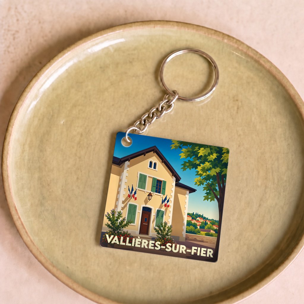 Porte-clés souvenir de la ville de Vallières-sur-Fier avec une illustration colorée et stylisée de la mairie.