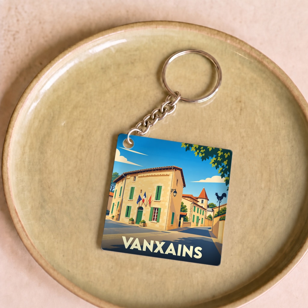 Porte-clés souvenir de la ville de Vanxains avec une illustration stylisée de sa mairie.